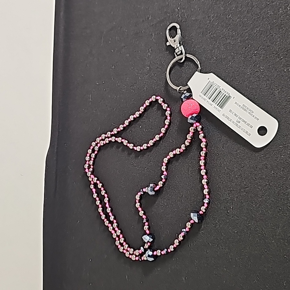 Bead Landing 32” Hot Pink Clasped Lanyard Black Faceted and Black Pearl Stones